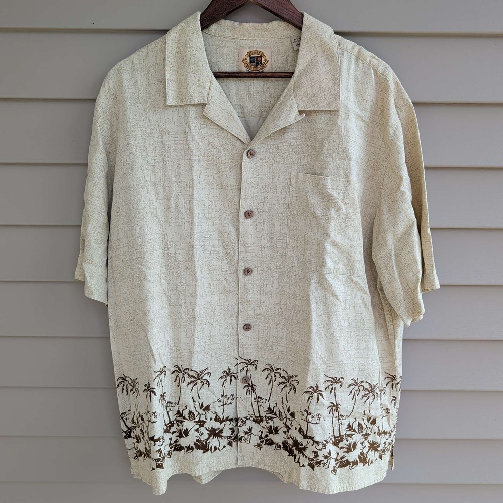 Pusser's West Indies Button Down Men Large Tan Silk Cotton Palm Tree Shirt